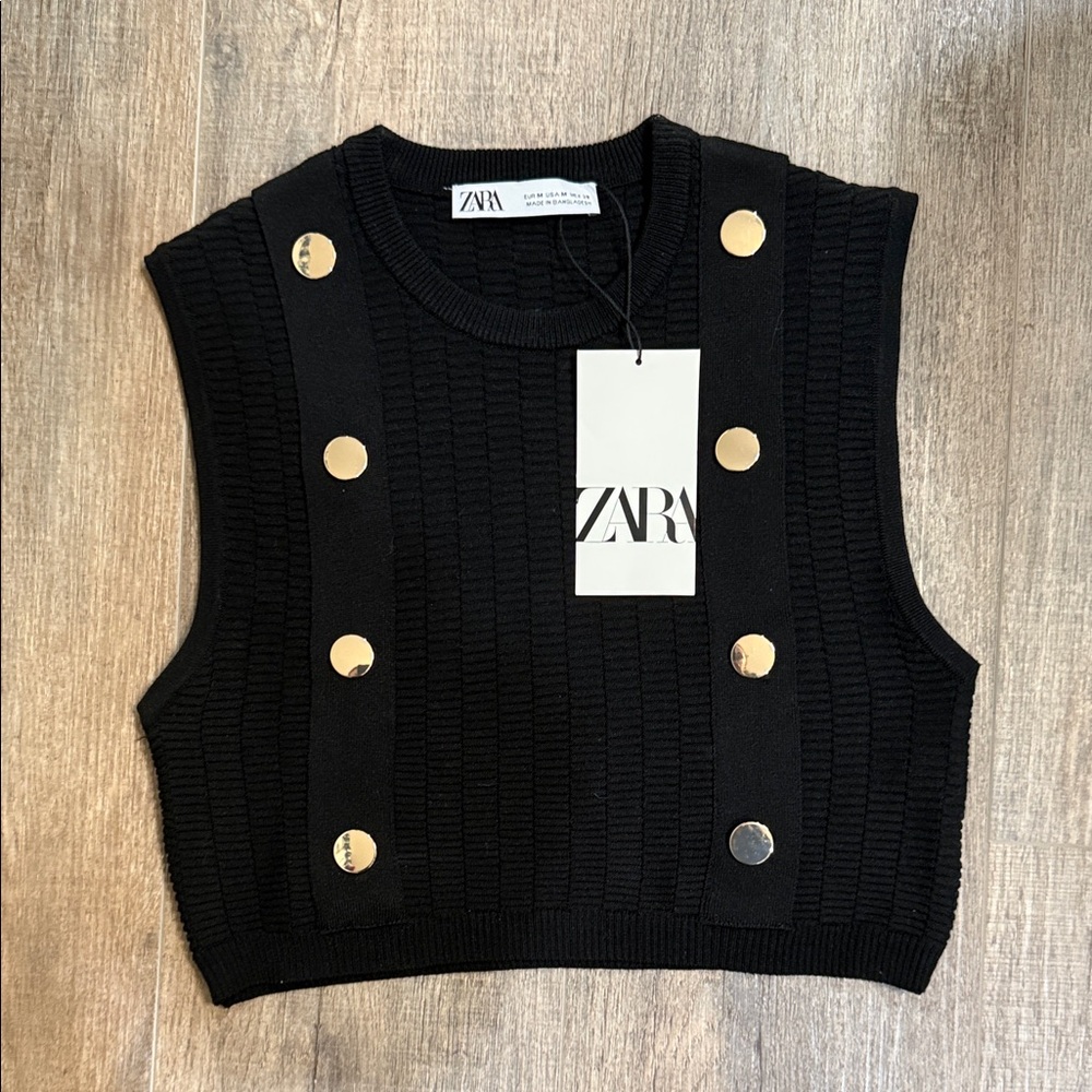 Zara Black Sleeveless Knit Top with Gold Buttons